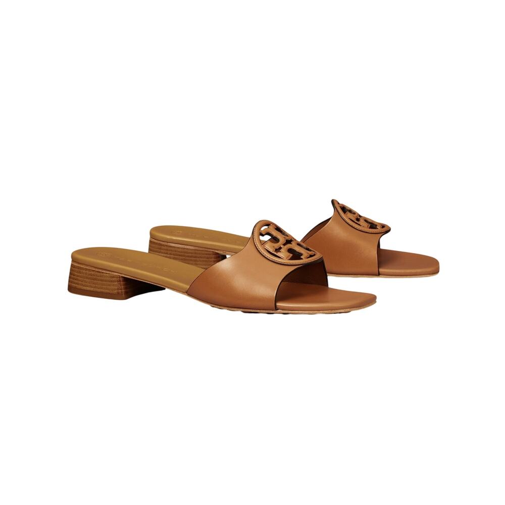 Tory Burch Cognac Leather Logo Slide Sandals